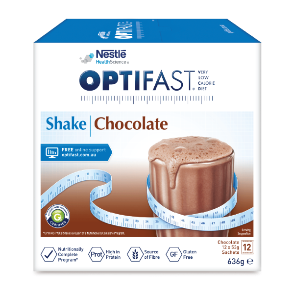 Nestlé Optifast Chocolate Shake box with a glass surrounded by a measuring tape.